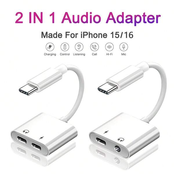 Adaptador de cable de audio auxiliar 2 en 1 Tipo C a 3.5 mm/Tipo C compatible con iPhone 16 Pro Max/16 Pro/16 Plus/16, iPhone 15 Pro Max/15 Pro/15 Plus/15, auriculares