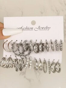 48pcs-12pcs Fashionable Minimalist Elegant Silver Geometric Faux Pearl C Shaped Spiral Twist Flower Heart Multi-Layer Women Party Earring Set, Birthday Holiday Date Accessory