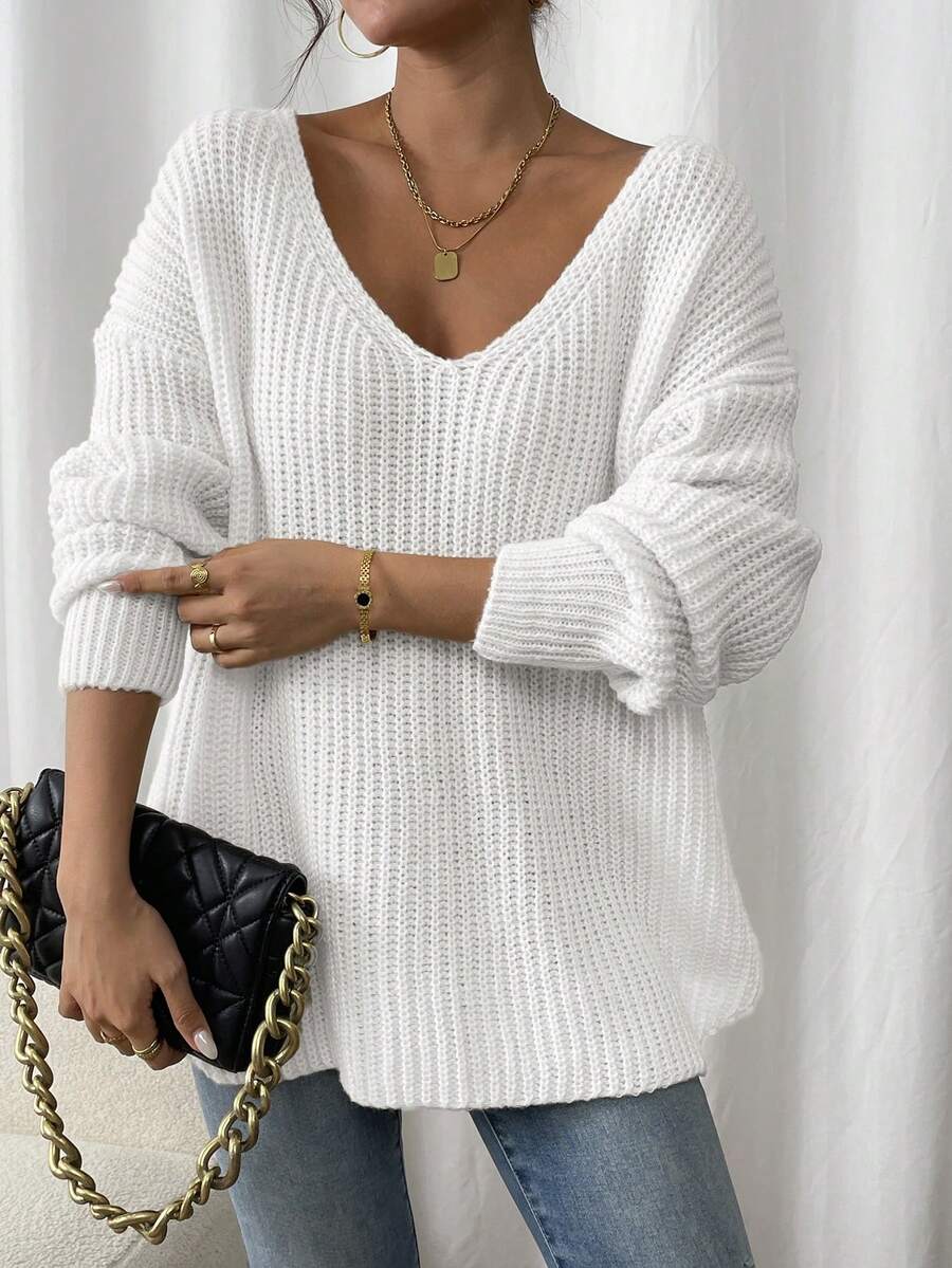 Plus Size Women's Chic White Deep V Neck Knitwear Pullover Sweater With Drop Shoulder Long Sleeves And Slit Hem For Fall Casual