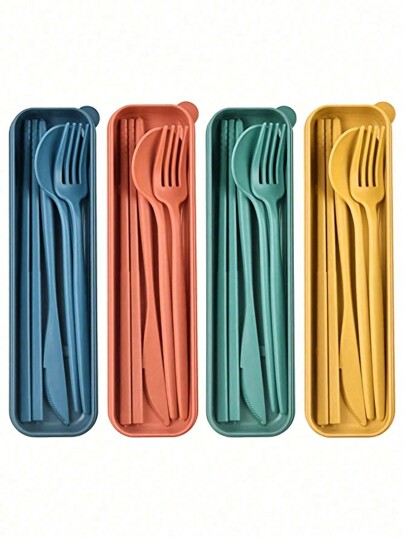 4pcs/Set Portable Travel Utensil Set With Case, Reusable Tableware Includes Cutlery, Coffee Spoon, Salad Fork, Steak Knife, Meal Chopsticks, Dessert Spoon, And Storage Box, Reusable Cutlery With Case, Portable Utensils Set For Adults, Tableware Camping Cutlery Set, Travel Utensils Set For Kitchens,For School, Picnics, Parties, Outdoor Dining, Camping Accessories School Supplies Travel Essentials Accessories Back To School Dorm Essentials
