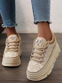High-Top White Sneakers For Women, 2025 New Arrivals, Chunky Sole Platform Casual Chunky Sneakers, Leather Comfortable Running Sport Shoes For Fall - Khaki - View 9