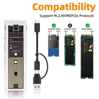 Clear USB Type-C 10Gbps PCI-E M.2 NVME SSD Enclosure, Supports M.2 NVME PCIe Protocol Single Protocol SSD