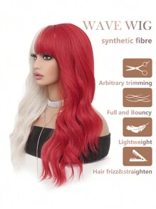 角色扮演假发红色金发混合 26 英寸长卷发水波带刘海 Y2K 合成纤维假发女士派对假发逼真自然性感迷人万圣节耐热假发 - 拼色 - 查看 6