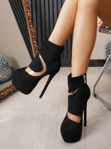 欧盟和美国尺码红色和金色高跟性感派对鞋，适合走秀、宴会、休闲装、防水厚底、大码女靴 - 黑色 - 查看 1