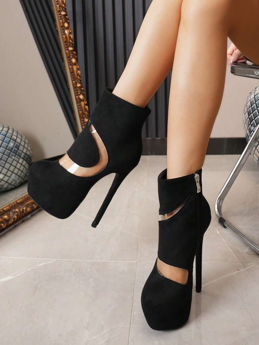 欧盟和美国尺码红色和金色高跟性感派对鞋，适合走秀、宴会、休闲装、防水厚底、大码女靴 - 黑色 - 查看 1