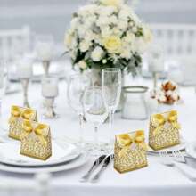 100Pcs Wedding Candy Boxes Gold Party Treat Favour Gift Boxes With Ribbon For Birthdays Food Shower Weddings(Gold) - Gold - View 4