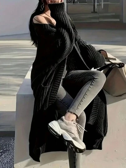 Cárdigan de punto suelto de unicolor, suéter largo casual de manga larga con bolsillos, ropa de mujer, blusa de manga larga color negro