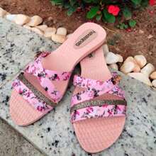 Women's Flat Flip Flops With Printed And Gold Straps Comfortable Fabric Summer - 玫紅色 - 查看 2