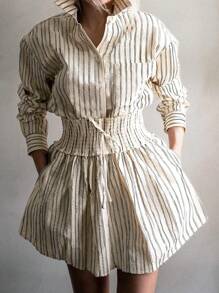 UREREM 2pcs Stripe Shirt With Swing Skirt Casual Summer Outfit - Apricot - View 2