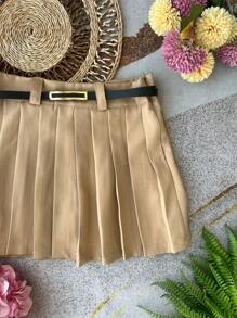 Women's Tailored Pleated Skirt Shorts With Zip And Belted Waist - 卡其色 - 查看 2