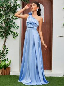 缎面舞会礼服单肩褶皱肩玫瑰花结缀饰及地长度派对晚礼服，优雅正式舞会礼服，适合婚礼嘉宾、毕业典礼、晚宴 - 藍色 - 查看 5