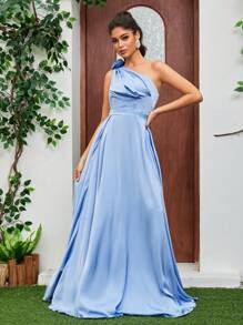 缎面舞会礼服单肩褶皱肩玫瑰花结缀饰及地长度派对晚礼服，优雅正式舞会礼服，适合婚礼嘉宾、毕业典礼、晚宴 - 藍色 - 查看 3