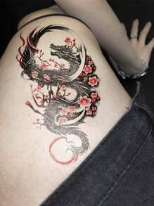 1 张大尺寸人体艺术临时纹身贴纸，适合女性或男性，深色传统风格龙梅花月亮图案，防水假纹身，持续 2-5 天，遮盖疤痕，可用于手臂手腕肩膀腿腰颈手胸部大腿手指脚踝，适用于派对、礼物、度假、身体装饰 - 彩色 - 查看 4