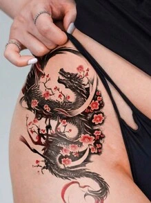 1 张大尺寸人体艺术临时纹身贴纸，适合女性或男性，深色传统风格龙梅花月亮图案，防水假纹身，持续 2-5 天，遮盖疤痕，可用于手臂手腕肩膀腿腰颈手胸部大腿手指脚踝，适用于派对、礼物、度假、身体装饰 - 彩色 - 查看 2