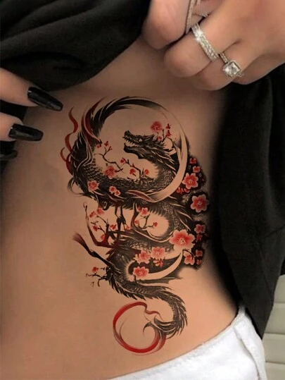 1 Sheet Big Size Body Art Temporary Tattoo Stickers For Women Or Men,Dark Traditional Style Dragon Plum Blossom Moon Pattern, Waterproof Fake Tattoo, Lasts 2-5 Days, Covering Scars,Can Be Used On Arms Wrist Shoulders Legs Waist Neck Hand Chest Thighs Finger Ankle, Suitable For Parties, Gifts, Vacations, Body Decoration