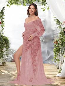 孕妇蕾丝灯笼袖高开衩摄影礼服，V领露肩长裙，适合拍摄 - 藕粉色 - 查看 7