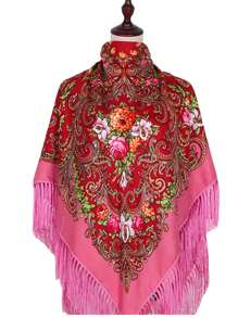 Women's Oversized Printed Traditional Scarf, Multicolor Rose Blossom With Tassels For Various Use Boho - Multicolor - View 35