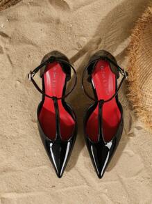 女士优雅时尚单扣镂空尖头细高跟鞋，适合搭配连衣裙和婚礼，优雅大方 - 黑色 - 查看 4