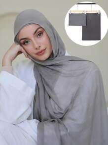 2pcs/1pc Wide-Brim Chiffon Scarf For Women, Fashionable Breathable Long Scarf, Muslim Hijab Headscarf, Suitable For Daily Comfortable And Versatile Wear