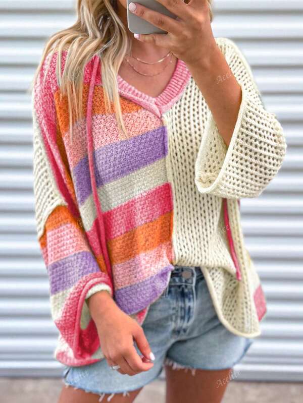 Acelitt Women's Oversized Loose Knit Hollow V-Neck Hoodie Sweater, Pink Patchwork, Casual For Daily Wear, Beach & Holiday, Autumn