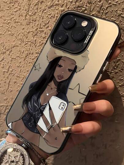 1pc Black & Silver Selfie Girl Pattern Shockproof Full Coverage Phone Case Compatible With Iphone 15/15 Plus/15 Pro/15 Pro Max/11/12/13/14 Pro Max/XS/XR/11 Pro/11 Pro Max/12 Pro/12 Pro Max/13 Pro/13 Pro Max/14 Pro/14 Pro Max/14 Plus/7 Plus/8 Plus/8/SE2 Waterproof Anti-Fall Scratch Resistant