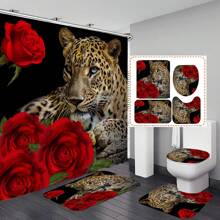Red Rose Cheetah Shower Curtain Cat Leopard Print Bath Curtain With 12 Hooks Romantic Flowers Bathroom Decor Curtain Set With Non-Slip Rugs, Toilet Lid Cover Bath Mat For Bathtubs (Red Rose Cheetah) - Brown - View 1