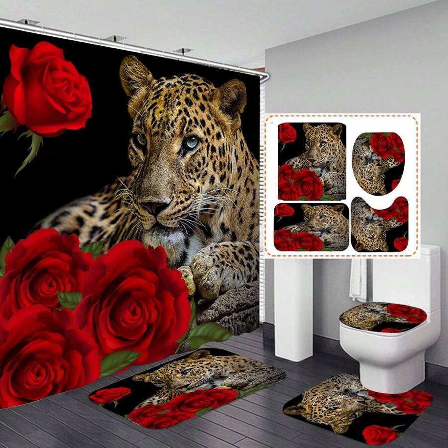 Red Rose Cheetah Shower Curtain Cat Leopard Print Bath Curtain With 12 Hooks Romantic Flowers Bathroom Decor Curtain Set With Non-Slip Rugs, Toilet Lid Cover Bath Mat For Bathtubs (Red Rose Cheetah) - Brown - View 1