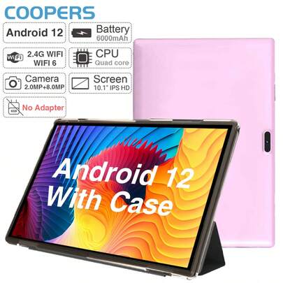 Coopers Tableta Android 12 de 10.1 pulgadas con funda, RK3326S 4 núcleos a 1.6Ghz/2GB RAM 32GB ROM/WiFi 2.4G + WiFi 6/Bluetooth 5.2/Pantalla táctil FHD IPS/Cámara dual 2MP+5MP/Tipo C/G-Sensor/6000mAh/Admite expansión de tarjeta SD de hasta 1TB (sin adaptador)
