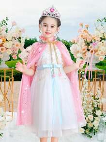 11pcs Princess Cape Set, Pink, Snowflake Pattern, Includes Princess Crown, Wand, Necklace, Jewelry And Bag - Pink - View 5