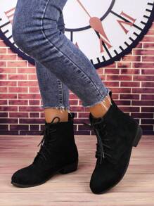 Women's New Round Toe Solid Black High Top Lace-Up Low Heel Ankle Boots, Fashionable Casual Four Seasons Short Boots, Retro Square Heel Dress Boots
