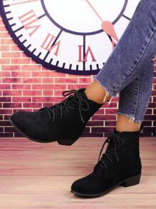 Women's New Round Toe Solid Black High Top Lace-Up Low Heel Ankle Boots, Fashionable Casual Four Seasons Short Boots, Retro Square Heel Dress Boots