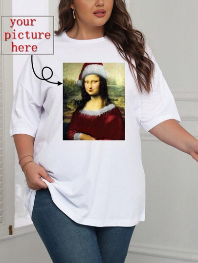 Customized Christmas Photo Printing, Upload Your Friends/Family Photos/Selfies/Group Photos/Landscapes/Pets/Logo, Personalized For Birthday/Valentine's Day/Christmas/Halloween/Party/Anniversary, Your Custom Image Printed On The Front Of Women's Plus Size Loose Crew Neck T-Shirt, Holiday Gift, Anniversary Gift, Company Team Building Uniform, Charity Team Uniform, Family Gathering