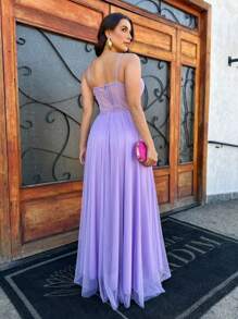 LONG WEDDING PARTY DRESS FOR GRADUATES IN TULLE WITH SHINE AND CORSET - Lilac Purple - View 2