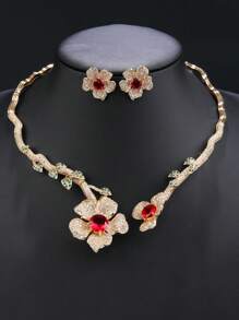 1 Set Of 3pcs Luxury Cubic Zirconia Flower Style Extravagant Necklace & Earrings Set, Match With Wedding Dress, Formal Gown, Suitable For Wedding, Party & Occasion Wear - Gorgeous Set - View 1