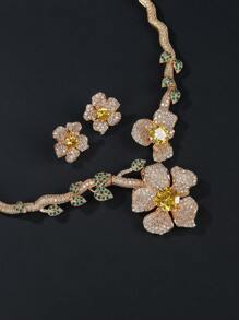 1 Set Of 3pcs Luxury Cubic Zirconia Flower Style Extravagant Necklace & Earrings Set, Match With Wedding Dress, Formal Gown, Suitable For Wedding, Party & Occasion Wear - Gorgeous Set - View 8