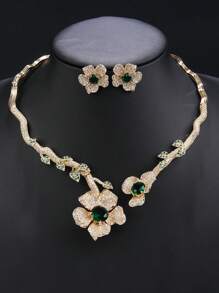 1 Set Of 3pcs Luxury Cubic Zirconia Flower Style Extravagant Necklace & Earrings Set, Match With Wedding Dress, Formal Gown, Suitable For Wedding, Party & Occasion Wear - Gorgeous Set - View 5