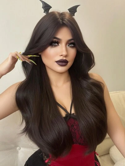 一片式合成耐热长卷发波浪发带刘海假发黑色 28 英寸全机织日常自然逼真假发