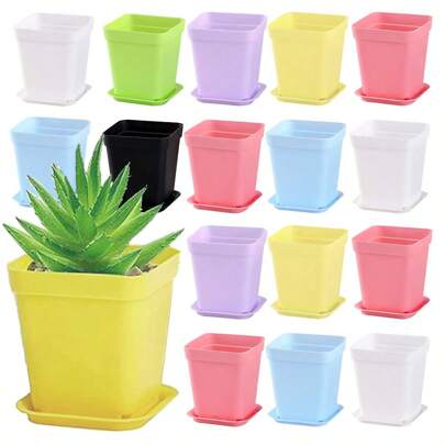 10/20pcs Colorful Mini Square Succulent Pot With Tray Plastic Flower Pot Plant Growing Container Suit For Home Garden Balcony Office