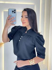 Short Sleeve Puffed Blouse With Button Women's Fashion Summer - màu đen - Xem 2