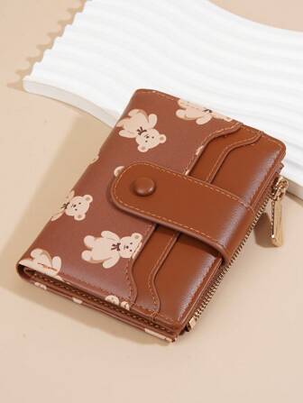 Baellerry 1 pieza Monedero con cierre de cremallera y estampado de oso para mujer, cartera con broche, estuche para tarjetas, regalo para mujer, artículos esenciales del monedero