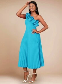 单肩荷叶边褶饰连衣裙 - 藍色 - 查看 3