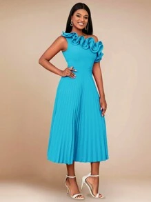 单肩荷叶边褶饰连衣裙 - 藍色 - 查看 5