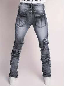 1pc Dark Grey Ripped Men's Denim Jeans - Dark Grey - View 2
