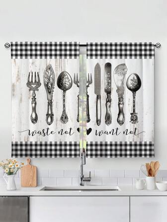 2 件装复古乡村风格黑白格子印花厨房窗帘，无孔窗帘，短窗帘，适用于卧室办公室厨房客厅书房家居装饰