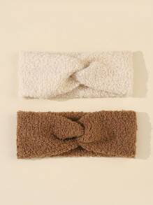 2 件婴幼儿儿童冬季柔软毛绒交叉发带套装，6-24 个月爱情人节 - 彩色 - 查看 6