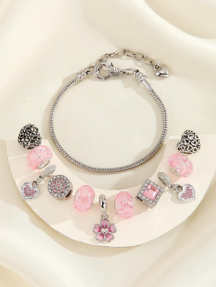 1 件时尚欧美风格粉色花朵、钥匙、英文字母、太阳和月亮、彩色生命之树串珠吊坠手链，简约女士日常佩戴，超棒礼物 - 銀色 - 查看 1