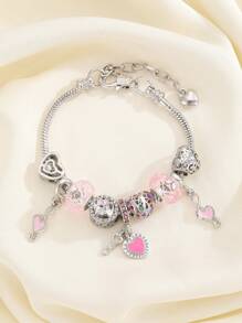 1 件时尚欧美风格粉色花朵、钥匙、英文字母、太阳和月亮、彩色生命之树串珠吊坠手链，简约女士日常佩戴，超棒礼物 - 銀色 - 查看 3