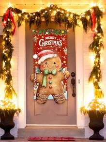 96*49cm-Christmas Theme Hanging Flag, Vintage Rustic Style Gingerbread Man Decor, 49x96cm, Suitable For Christmas Holiday Door Frame, Garden, Living Room Decoration, Polyester Material(Note: This Product Does Not Come With Sticks And Ropes)38*20inch