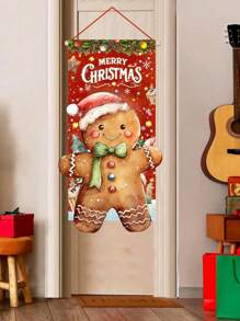 96*49cm-Christmas Theme Hanging Flag, Vintage Rustic Style Gingerbread Man Decor, 49x96cm, Suitable For Christmas Holiday Door Frame, Garden, Living Room Decoration, Polyester Material(Note: This Product Does Not Come With Sticks And Ropes)38*20inch