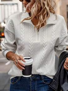 Solid Color Casual Versatile Long Sleeve Knit Sweatshirt, Uniform Texture Direction, Random Non-Placement, Half Zip Collar Hoodies - White - View 3